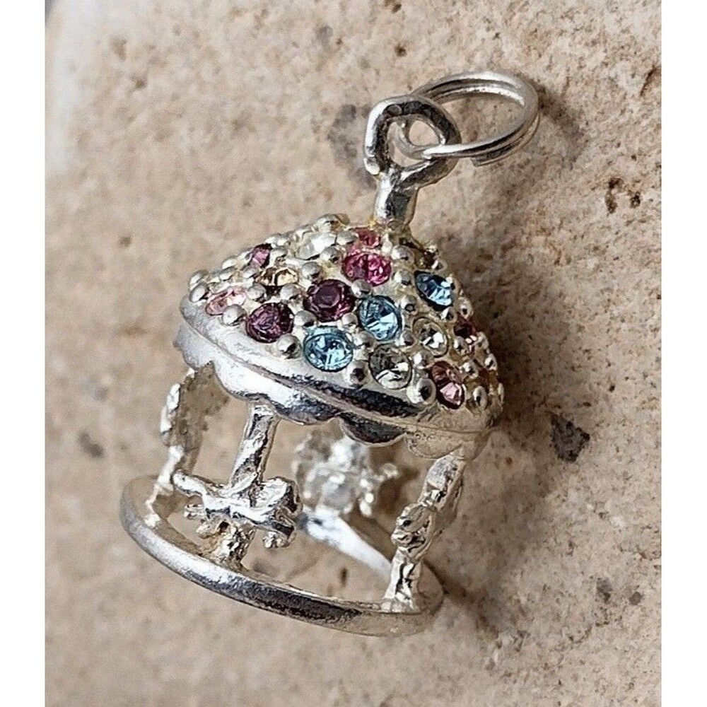 Vintage Carousel Horse Charm Pendant Sterling Silver CZ